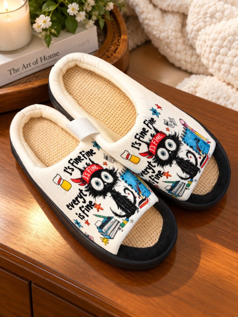 KUZJNY Funny Black Cat Cream Plush Platform Open Toe House Slippers